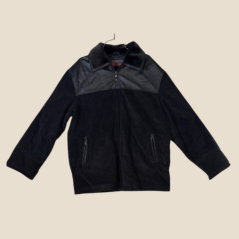Excelled Mens Black Corduroy Jacket Leather Trim Faux Fur Collar XL Mixed Media